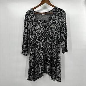 Tianello Top Shirt Womens Medium Black‎ Gray Tunic Art to Wear Stretch Textured